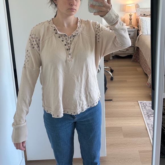 Free People Cream Floral Heart to Heart Henley Top - Picture 3 of 4